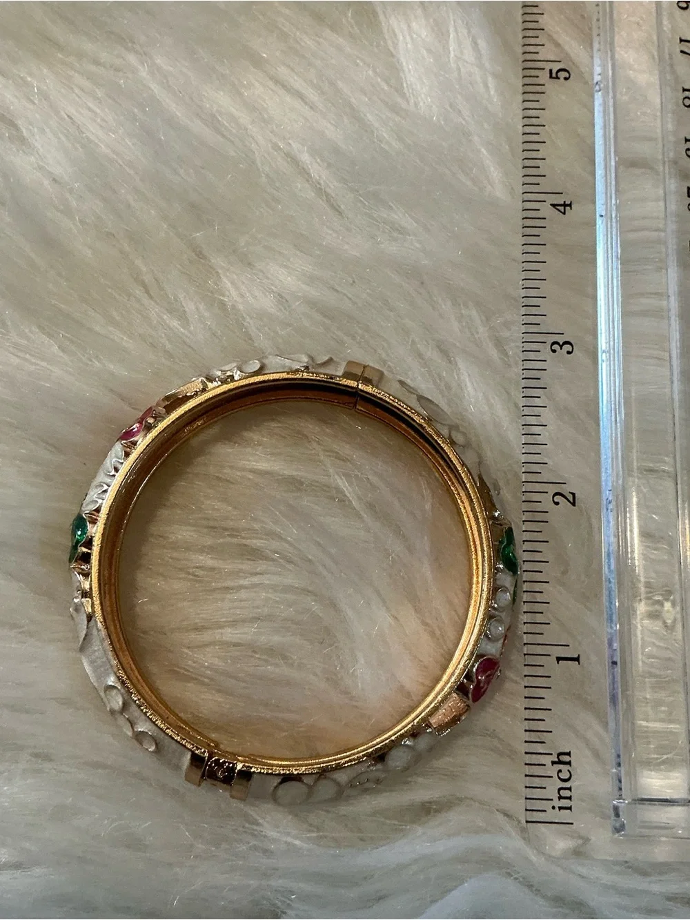 Gold-tone cream red/green floral beautiful bangle bracelet
